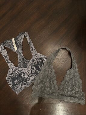 Free People Intimates Lace Bralette Duo — Gray & Dark Blue Floral Lace XS
